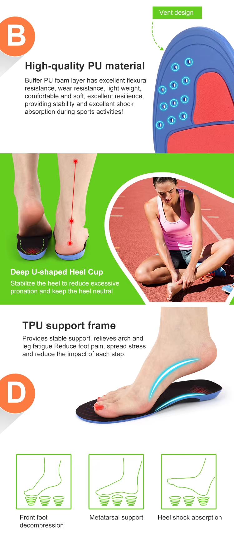 PU foam running shoe inserts - lightweight arch support for long-distance runs